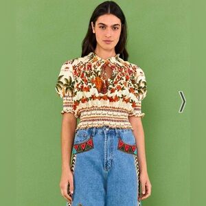 NWT Farm Rio Off white short sleeve blouse with smocking and beaded ties